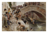Figures on a Venetian Canal Giclee Print by Ludwig Passini