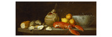 Bread, Oysters, a Chianti Flask, a Lobster, Lemons, Oranges and Glasses in a Porcelain Bowl on a… reproduction procédé giclée par Jacob Bogdany