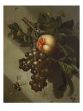 A Peach and a Bunch of Grapes Hanging from a Nail on a Wall Giclee Print by Willem Grasdorp
