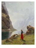 A Girl with Goats by a Fjord Giclée-Druck von Hans Dahl