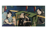 An Oban Triptych Depicting a Nocturnal Scene with Three Actors before a Pal Giclee Print by Toyohara Kunichika