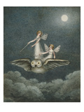 Two Fairies Standing on the Back of an Owl Beneath a Moon Reproduction procédé giclée par Amelia Jane Murray