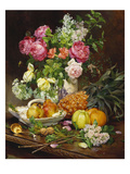 Roses in a Vase, Pears in a Porcelain Bowl and Fruit on an Oak Table Giclee Print by Louis Marie De Schryver