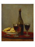 A Still Life of Two Glasses of Red Wine, a Bottle of Wine, a Corkscrew and a Plate of Biscuits on… Giclee Print by Albert Anker