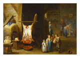 The Interior of a Peasant's Cottage with a Pig's Carcass and a Boy Blowing Up its Bladder, a Man… reproduction procédé giclée par David Teniers the Younger