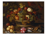 A Still Life of Grapes, Apples, a Peach and Plums in a Basket with Lily of the Valley, a… Lámina giclée por Balthasar van der Ast