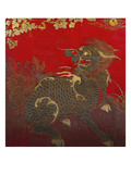 A Large Chinese Red Lacquered Wood Rectangular Panel Depicting a Seated Kylin with Head Turned to… Giclee Print