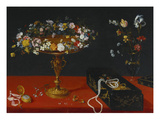 A Garland of Flowers in a Tazza, Jewels and Coins in a Japanese Black and Gold Lacquer Fumibako,… Giclee-trykk av Jan Bruegel the Younger A Garland of Flowers in a Tazza, Jewels and Coins in a Japanese Black and Gold Lacquer Fumibako,… Giclee-trykk av Jan Bruegel the Younger