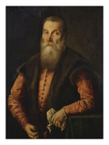 Portrait of a Bearded Man, in a Pink Doublet with Fur-Lined Waistcoat, Holding a Pair of Glasses… Giclée-tryk af Lorenzo Lotto