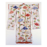 A Furisode of Ivory Damask, Embroidered and Tie-Dyed with Bamboos and Fans Giclee Print