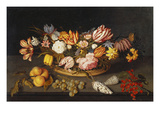 Tulips, Roses, an Iris, Fritillary and Other Flowers in a Basket, with Shells, a Bunch of Grapes… reproduction procédé giclée par Johannes Bosschaert