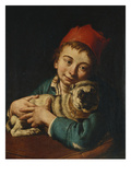 A Boy, Half Length, in a Blue Jacket and a Red Hat, Holding a Pug on a Cushion Giclee Print by Giacomo Ceruti