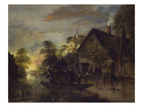 A River Landscape with Peasants Ferrying a Bull, Peasants by a Cottage Beyond Giclee Print by Aert van der Neer