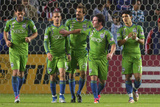 Carson, CA October 22 - Brad Evans, Fredy Montero, Mike Fucito, Osvaldo Alonso and Roger Levesque Photographic Print by Victor Decolongon