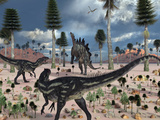 A Pair of Allosaurus Dinosaurs Confront a Lone Stegosaurus Photographie par  Stocktrek Images