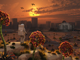 The Lone Figure of an Astronaut Explorer Stands Out in an Alien Landscape Photographic Print by  Stocktrek Images
