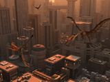 Quetzalcoatlus and Eudimorphodon Pterosaurs Fly Through the Sky Above a Futuristic City Photographie par  Stocktrek Images