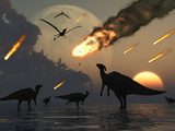 Hadrosaurs Graze Peacefully as Burning Meteors Fall Through the Sky Photographie par  Stocktrek Images