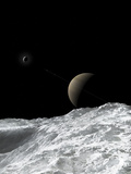 Saturn and Enceladus as Seen from the Moon Tethys Photographic Print by  Stocktrek Images