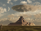 A Reptoid Greets an Incoming Flying Saucer Above a Pyramid. Photographic Print by  Stocktrek Images