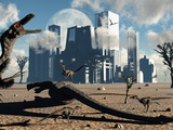 A Pack of Velociraptors Come across a Giant Sauropod Carcass as their Next Meal Photographic Print by  Stocktrek Images