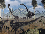 Two Allosaurus Predators Plan their Attack on a Young Omeisaurus Photographic Print by  Stocktrek Images