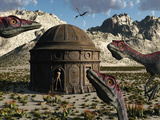 A Group of Compsognathus Dinosaurs Gather around a Lone Reptoid Building Lámina fotográfica por Stocktrek Images A Group of Compsognathus Dinosaurs Gather around a Lone Reptoid Building Lámina fotográfica por Stocktrek Images