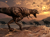 A T-Rex Plans His Attack on a Herd of Parasaurolophus Dinosaurs Photographie par  Stocktrek Images