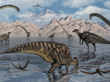 Omeisaurus and Parasaurolphus Dinosaurs Gather Together Photographic Print by  Stocktrek Images
