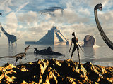 An Alien World Where Reptoid Beings Co-Exist with Dinosaurs Photographic Print by  Stocktrek Images