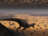A Lone T. Rex Looks Down on a Large Herd of Triceratops Photographic Print by  Stocktrek Images