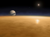 Saturn Above the Thick Atmosphere of its Moon Titan Photographic Print by  Stocktrek Images