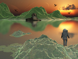 An Astronaut Explorer Amongst a World of Mystery and Ice Green Mountains Photographic Print by  Stocktrek Images