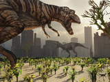 A Pair of Tyrannosaurus Rex Explore a City in Hopes of Finding their Next Meal Lámina fotográfica por Stocktrek Images A Pair of Tyrannosaurus Rex Explore a City in Hopes of Finding their Next Meal Lámina fotográfica por Stocktrek Images