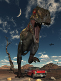 A Tyrannosaurus Rex About to Crush a Cadillac with His Feet Fotografisk tryk af Stocktrek Images A Tyrannosaurus Rex About to Crush a Cadillac with His Feet Fotografisk tryk af Stocktrek Images