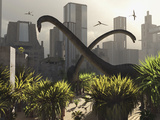 Omeisaurus Sauropods Explore a Mysterious City Which Has Shifted in Time Lámina fotográfica por Stocktrek Images Omeisaurus Sauropods Explore a Mysterious City Which Has Shifted in Time Lámina fotográfica por Stocktrek Images
