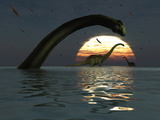 Diplodocus Dinosaurs Bathe in a Large Body of Water Photographic Print by  Stocktrek Images