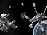 A Mars Cycler Travels by the Earth While Two Astronauts Watch from Afar Lámina fotográfica por Stocktrek Images A Mars Cycler Travels by the Earth While Two Astronauts Watch from Afar Lámina fotográfica por Stocktrek Images