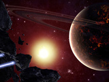 A Stealth Fighter En Route to Hades, a Ringed Planet Fotografie-Druck von  Stocktrek Images