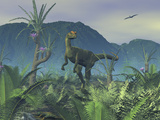 A Colorful Adult Male Dilophosaurus Explores a Hilltop Lámina fotográfica por Stocktrek Images A Colorful Adult Male Dilophosaurus Explores a Hilltop Lámina fotográfica por Stocktrek Images