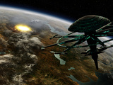 A Space Station Orbits a Terrestrial Planet That Has Been Hit by an Asteroid Photographic Print by  Stocktrek Images