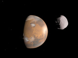 Artist's Concept of Mars and it's Moon, Dione Photographic Print by  Stocktrek Images