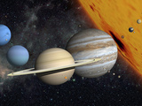 The Planets and Larger Moons to Scale with the Sun Fotografie-Druck von  Stocktrek Images