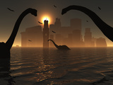 Dinosaurs Feed Near the Shores of the Famed Lost City of Atlantis Photographic Print by  Stocktrek Images
