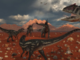 A Pack of Allosaurus Dinosaurs Track Down a Pair of Stegosaurus Stampa fotografica di Stocktrek Images A Pack of Allosaurus Dinosaurs Track Down a Pair of Stegosaurus Stampa fotografica di Stocktrek Images