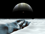 A Crescent Jupiter and Volcanic Satellite, Io, Hover over the Horizon of the Icy Moon of Europa Photographic Print by  Stocktrek Images