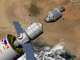 A Command Module Prepares to Dock with a Phobos Mission Rocket in Earth Orbit Photographic Print by  Stocktrek Images