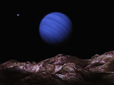 A Methane Clouded Ice Giant over One of its Icy Moons Photographic Print by  Stocktrek Images