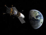 Illustration of a Lunar Tug Propelling Itself into Earth Orbit Lámina fotográfica por Stocktrek Images Illustration of a Lunar Tug Propelling Itself into Earth Orbit Lámina fotográfica por Stocktrek Images