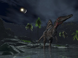An Asteroid Impact on the Moon While a Spinosaurus Wanders in the Foreground Fotografie-Druck von  Stocktrek Images